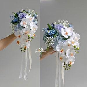 Real Touch rustic white blue butterfly orchid Bridal Bridesmaid Bouquet Choose ribbon color Real Touch Bouquet