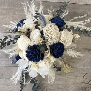 Wedding Bouquet, Bridal Bouquet, Bridesmaid Bouquet, Sola Flower, Wedding Flower, Wooden Flower, Cream, Navy, pampas grass, Rustic, Boho