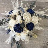 Wedding Bouquet, Bridal Bouquet, Bridesmaid Bouquet, Sola Flower, Wedding Flower, Wooden Flower, Cream, Navy, pampas grass, Rustic, Boho