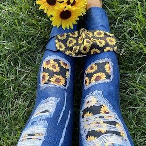 Yellow Sunflower Patch Print on Blue Jean Print Jeggings Women??s Yoga High Rise Yoga Waist Leggings | Buttery Soft Pants