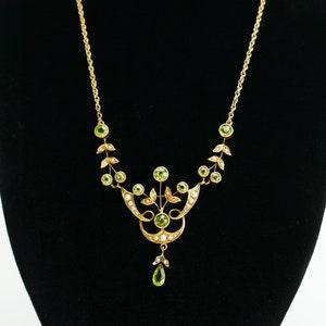 Antique 14K Yellow Gold victorian Peridot and seed pearl Necklace Dangling Pendant Flowers 10k chain - Solid Gold - Fine Jewelry