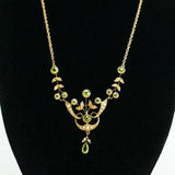 Antique 14K Yellow Gold victorian Peridot and seed pearl Necklace Dangling Pendant Flowers 10k chain - Solid Gold - Fine Jewelry