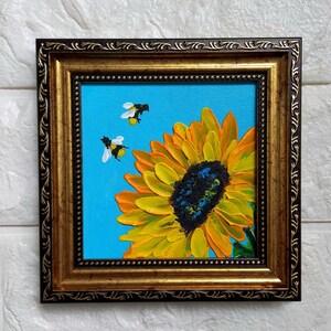 Bee painting original Honeybee on Sunflower Gold Framed Painting Bumblebee on flower Original Art Sunflower Artwork Ukrainian artist