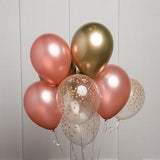 Rose Gold Balloon Bouquet, Mix of 12 Latex Balloons in Rose Gold, Chrome Gold,  and Confetti-Dot Printed Balloons, Party Bouquet