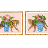 Two Art Prints Chinoiserie Tiger and Leopard with Blue and White Ginger Jar Vase Monstera  and Alocasia leaves Orchids and Plumeria