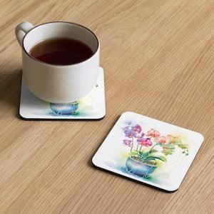 Orchid Plant Design Cork Coaster - Elegant Tabletop Decor & Drink Protection