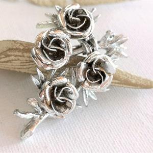 Silver Rose Brooch, Flower Sprig Pin, Wedding Bouquet Jewelry, Bridal Bouquet Pin, Unsigned Designer Brooch, Retro 4 Rose Bunch Brooch Pin