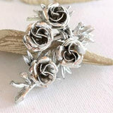 Silver Rose Brooch, Flower Sprig Pin, Wedding Bouquet Jewelry, Bridal Bouquet Pin, Unsigned Designer Brooch, Retro 4 Rose Bunch Brooch Pin