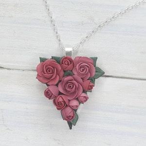 Necklace heart rose red pink bouquet roses floral feminine pendant jewelery womens gift