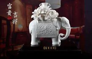 17" China Dehua Porcelain Auspicious Peony Flower Elephant Vase Bottle Statue