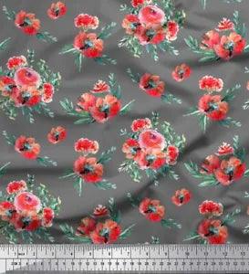 Soimoi Gray Velvet Fabric Leaves & Ranunculus Floral Printed Craft-93s