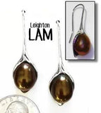 Signed Leighton LAM Chocolate Pearl Lily Long Hook Rhodium PL Earrings 1.25"