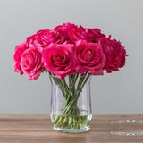 Real Touch Rose Flower Arrangement. Fuchsia Dark Pink Roses in Faux Water Clear Glass Vase. Rose Centerpiece Bouquet. Wedding Centerpiece