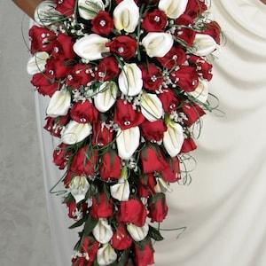 RED CASCADE wedding silk flowers bridal groom bridesmaids mothers rosebuds roses calla lilies bouquets bouquet blossoms boutonniere diamond
