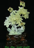 20" Fine China Natural Xiu Jade Carve Peony Tree Flower Bird Animal Art Statue