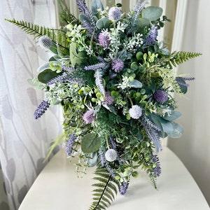 Cascade lavender wildflower bridal bouquet, greenery fern sage eucalyptus cascade wedding bouquet, boho wedding flowers, bridesmaid bouquet