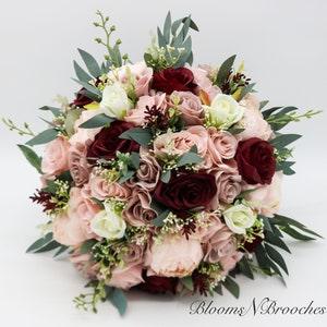 Boho Wedding Bouquet Dusty Rose Wine Ivory, Silk Bridal and Bridesmaids Bouquets for Weddings, Rose Peony Eucalyptus Wedding Bouquet Silk