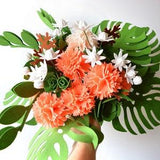 Coral carnations and Tropical leaves, DIY Felt Flowers, Handmade, Greenery, Felt kit, Set for creativity, Roll Your Own or Ready Bouquet