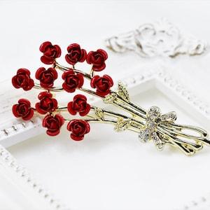 Enamel Rose Brooch, Red Flower Brooch Bouquet, Vintage Elegant Brooch, Gift, Daily Jewelry, Modern Brooch, Unique Brooch, Dress Brooch