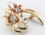 Brooch Pin - Flower Lily Bouquet - Brown Enamel - White Rhinestones - Gold Tone