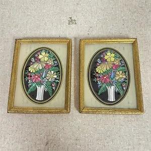 Pair 2 Vintage Small Brass Framed Floral Flowers In Vases Reflective Art LN