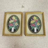 Pair 2 Vintage Small Brass Framed Floral Flowers In Vases Reflective Art LN