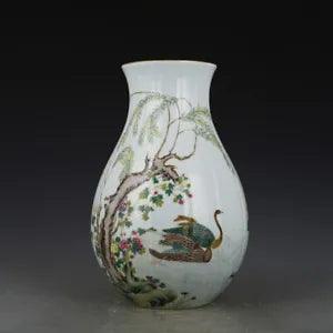 13" Qing dynasty yongzheng mark Porcelain famille rose swan peony flower Vase