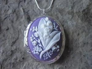 LILY OF THE VALLEY (WHITE / PURPLE) CAMEO SILVER PLATED LOCKET - QUALITY -FLORAL