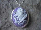 LILY OF THE VALLEY (WHITE / PURPLE) CAMEO SILVER PLATED LOCKET - QUALITY -FLORAL