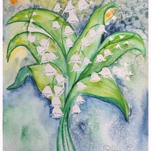Lucky Bouquet,  watercolor lily of the valley flowers painting art for her personalized gift