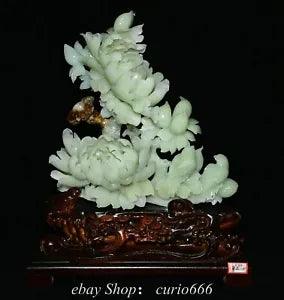 17.3'' Natural Xiu Green Jade Carving Peony Flower Bird Birds Animal Statue