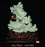 17.3'' Natural Xiu Green Jade Carving Peony Flower Bird Birds Animal Statue