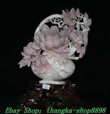 NEW LISTING 21" China Natural Pink Xiu Jade Carve Peony Bird Magpie Flower basket Statue