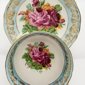 Adderley three cabbage roses teacup and saucer , red yellow pink roses , bone china , made in England