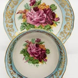 Adderley three cabbage roses teacup and saucer , red yellow pink roses , bone china , made in England