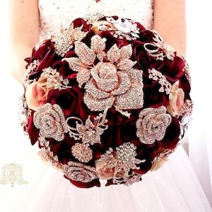 Burgundy rose gold brooch bouquet with big rose brooch