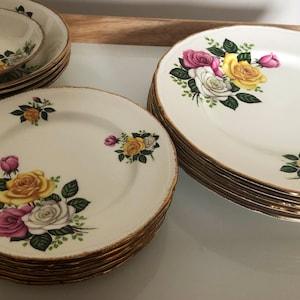 Vintage Royal Swan June Bouquet Dinner set, Made in England, 22kt Gold Trim, Set of 15, Great gift