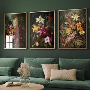 Various Orchids & Tropical Flowers - Set of Three Oil Painting Bouquet Art Prints - Flower Posters - Botanical Home Wall D???cor - Jungle
