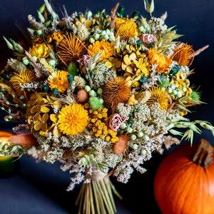 Fall bouquet. Mustard, orange, terracotta, colours Dried flower Bridal bouquet, hair comb, bobby pins, boutonni¡§¡§re, wedding crown, corsage