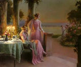 Beautiful Oil painting young women in sunset view with spring roses peony flower