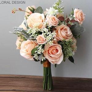 elegant peach artificial wedding bouquet, bridal bouquet, wedding bouquet, artificial bouquet, silk bouquet, peach rose, wedding flowers
