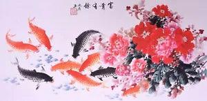 ORIGINAL ASIAN FINE ART CHINESE WATERCOLOR PAINTING-Peony flower&Koi fish carps