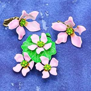 Vintage Pink Water Lilies Enameled Flowers Brooch Clip On Earrings Set Statement