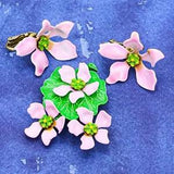 Vintage Pink Water Lilies Enameled Flowers Brooch Clip On Earrings Set Statement
