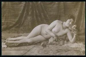 French full nude woman on floor carnation flower original c1910s photo postcard