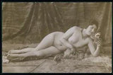French full nude woman on floor carnation flower original c1910s photo postcard