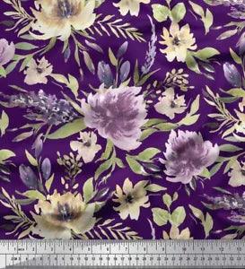 Soimoi Purple Velvet Fabric Leaves & Peony Floral Fabric Prints-psP