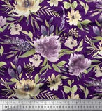Soimoi Purple Velvet Fabric Leaves & Peony Floral Fabric Prints-psP