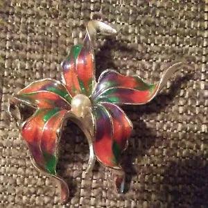 Vtg Silver Tone Enamel Lily Pin Brooch Faux Pearl 2"Diameter Pink Purple Green