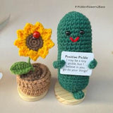 Emotional Support Pickle/Positive Pickle With Crochet Sunflower Gift Box Set,Handmade Crochet Pickle,Tiny Crochet Plushy,Positive Desk Buddy